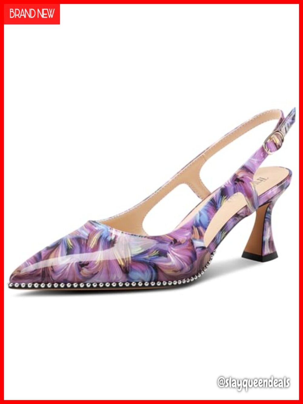 Kitten Heel Pointed Toe Pumps Beaded Slingback Patent Leather Prom Heels